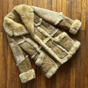 Vtg 70s Shearling Milano Lambskin Sheepskin Patchwork Coat Women 34 S Beige Tan